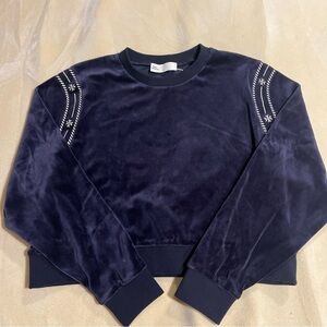 Tory Burch Navy Blue Velour Sweatshirt with Embroidered Sleeves